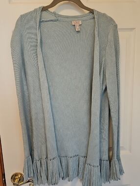 LOGO by Lori Goldstein Pale Blue Open-Front Fringe Knit Cardigan